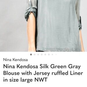 Nina Kendosa Silk Green Gray Blouse with Jersey ruffled Liner in size large NWT